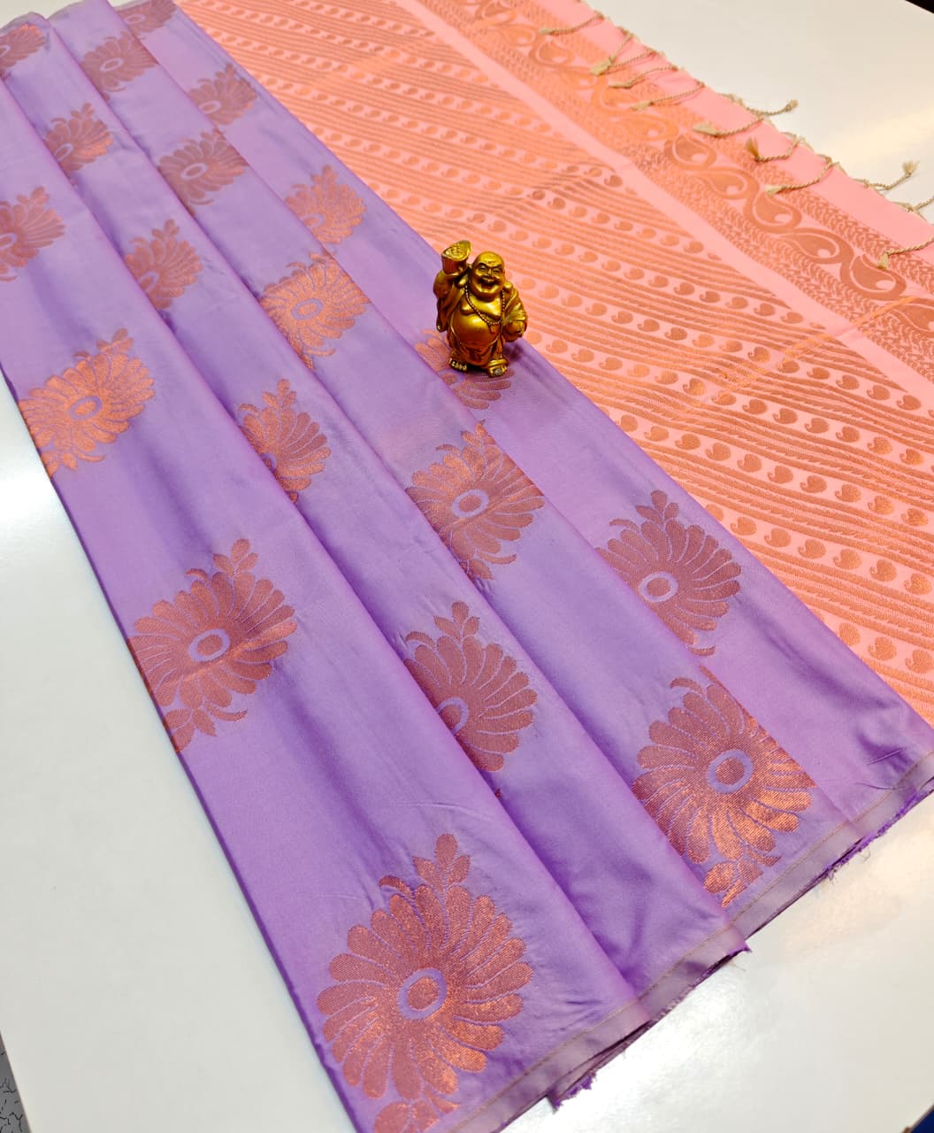 Pastel Grey Cotton Soft Silk Saree with Lime Green Zari Elegance